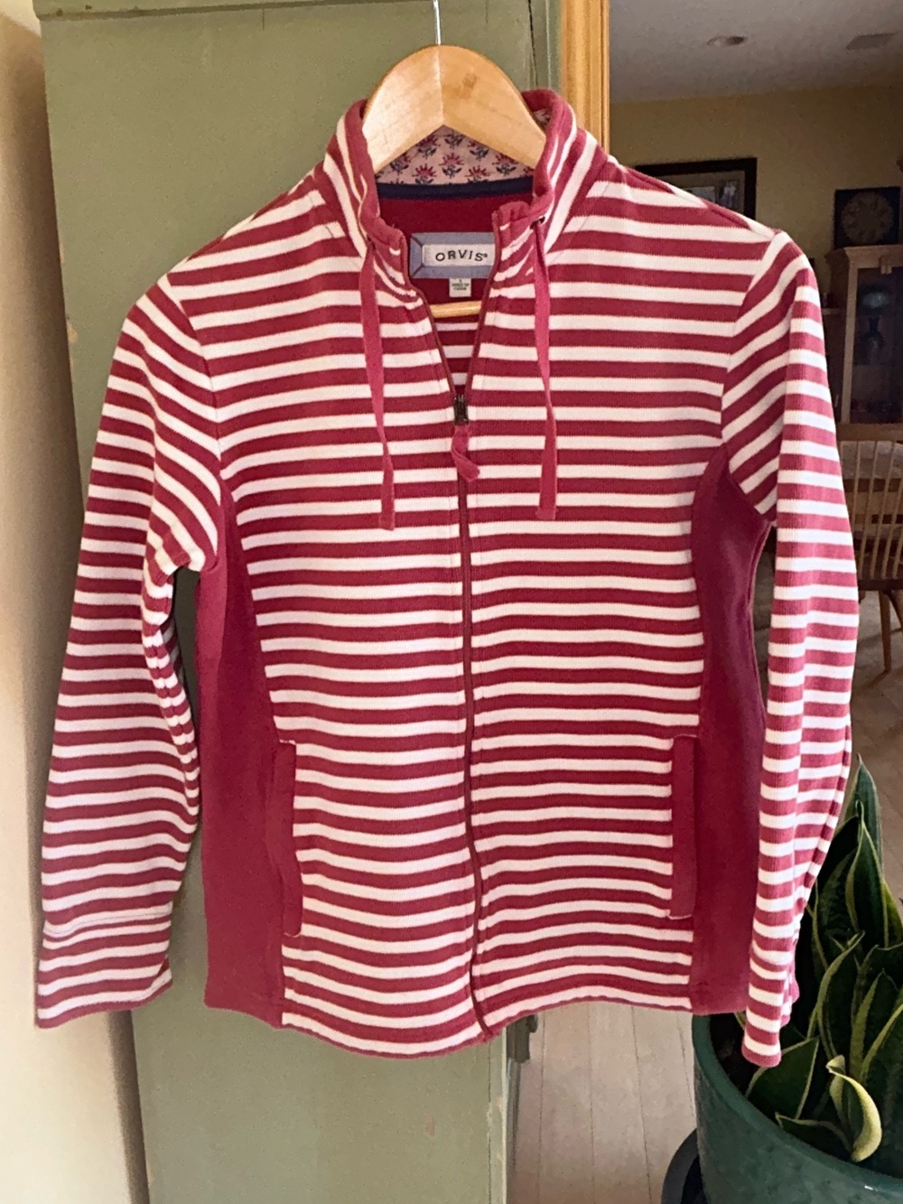 Orvis Women’s Terracotta Striped Ribbed Full Zip Sweatshirt w/ Floral Trim Small